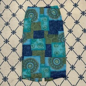 Clio Vintage Y2K Patchwork Split Hem Midi Skirt - Blue/Green